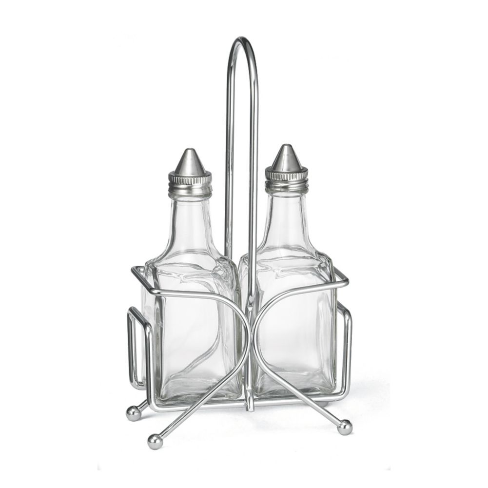 Tablecraft Glass 6 Oz Oil / Vinegar Cruet Set with S/S Tops and Rack