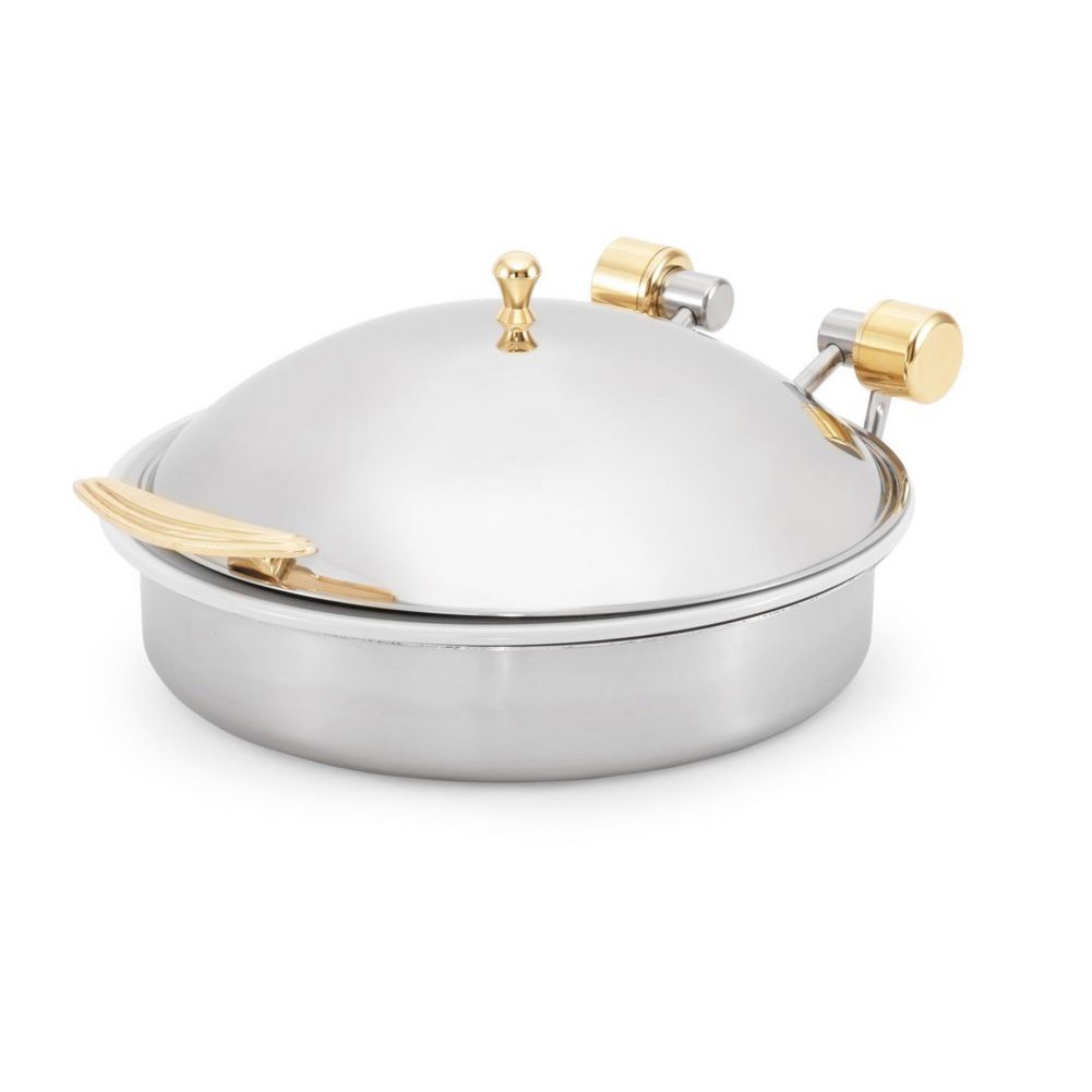 Intrigue&reg; Round S/S Brass Trim Induction Chafer w/ Porcelain Pan