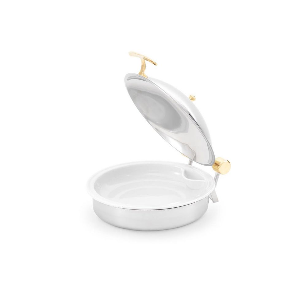 Intrigue&reg; Round S/S Brass Trim Induction Chafer w/ Porcelain Pan
