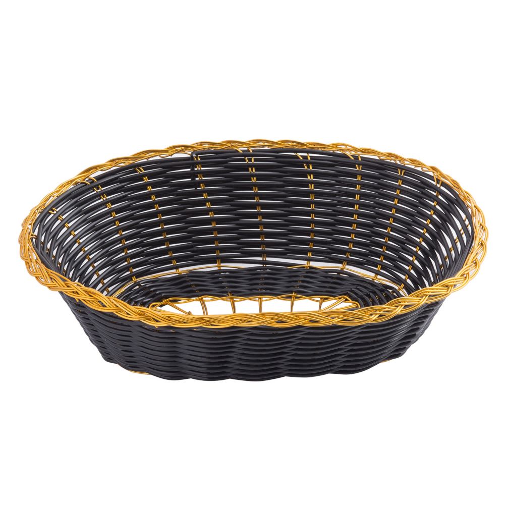 Tablecraft Black 9" Oblong Hand-Woven Basket w/ Gold Metal Trim