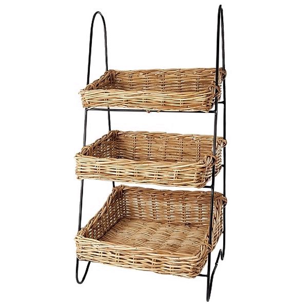 Rattan 3 Tier Display Rack, 3 Rect Baskets, 19 x 19 x 37"