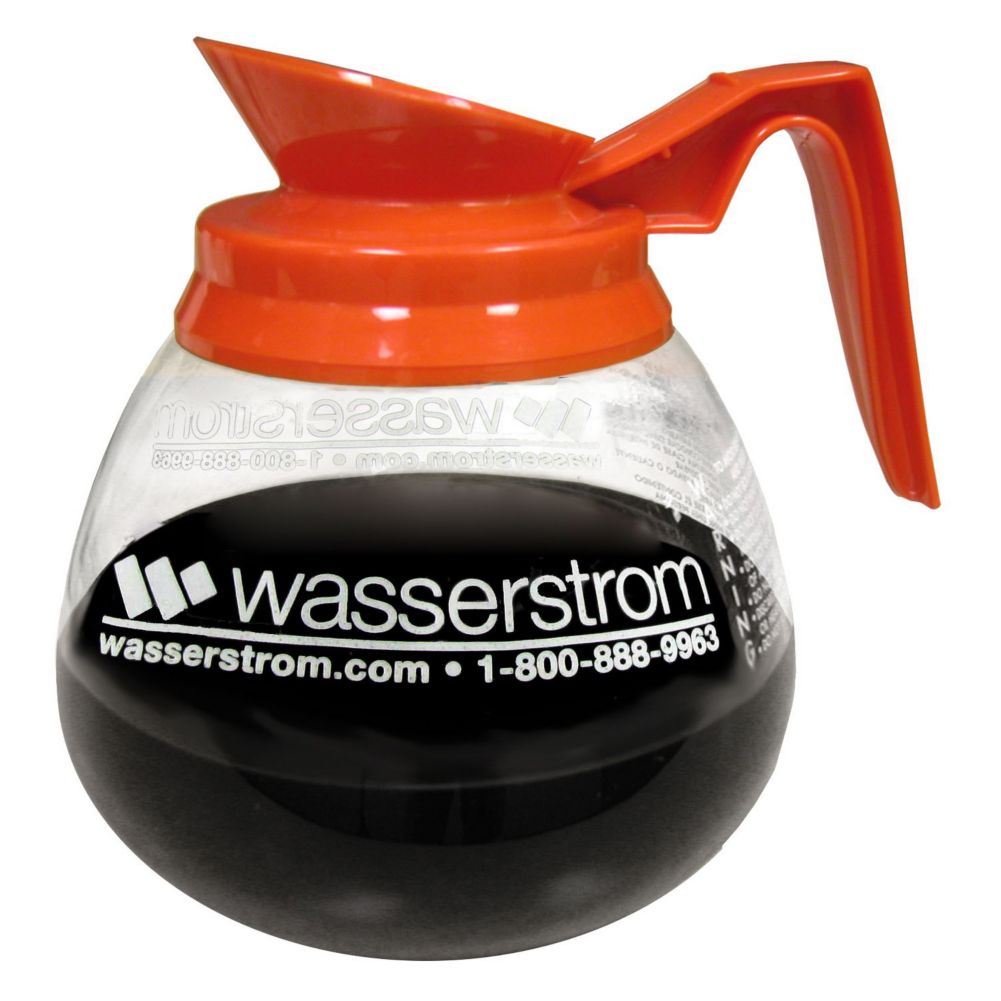 Bloomfield&reg; Orange Handle Glass Decaf Decanter w/ Wasserstrom Logo
