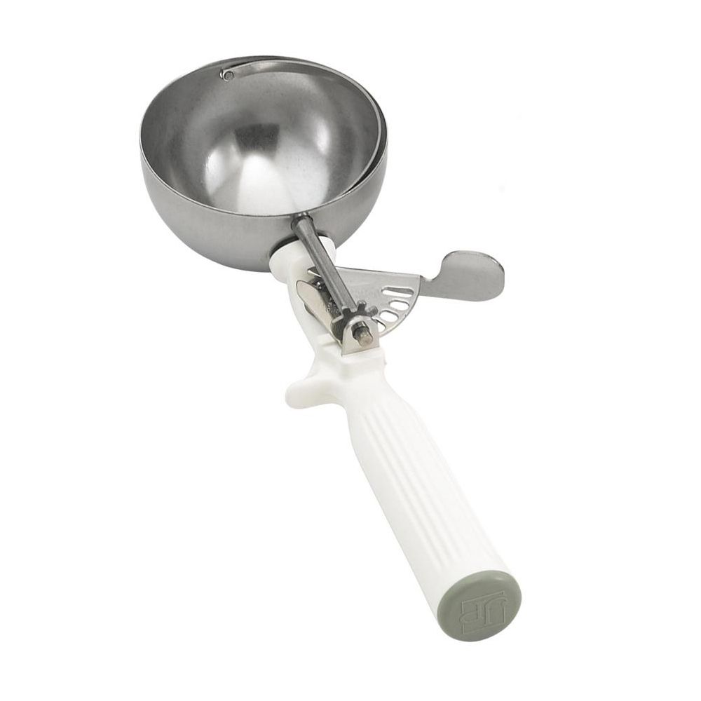 Vollrath Size 6 Thumb-Action S/S 9-7/8" White Handle Disher