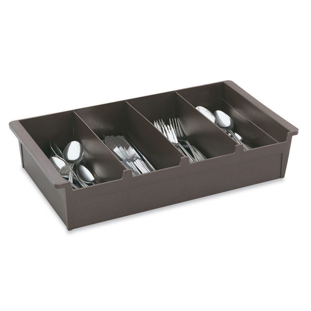 4-Compartment Plastic Cutlery Bin, Brown, 20 x 10 x 4