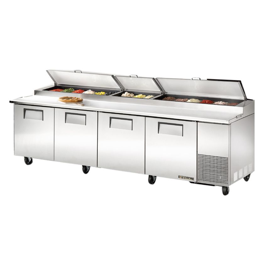 True&reg; 4-Door 8-Shelf S/S Pizza Prep Table w/ White Alum. Interior
