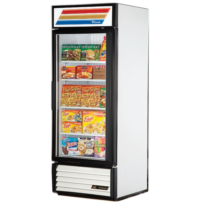 True&reg; White Glass Door Merchandiser Freezer w/ True Stripe Sign
