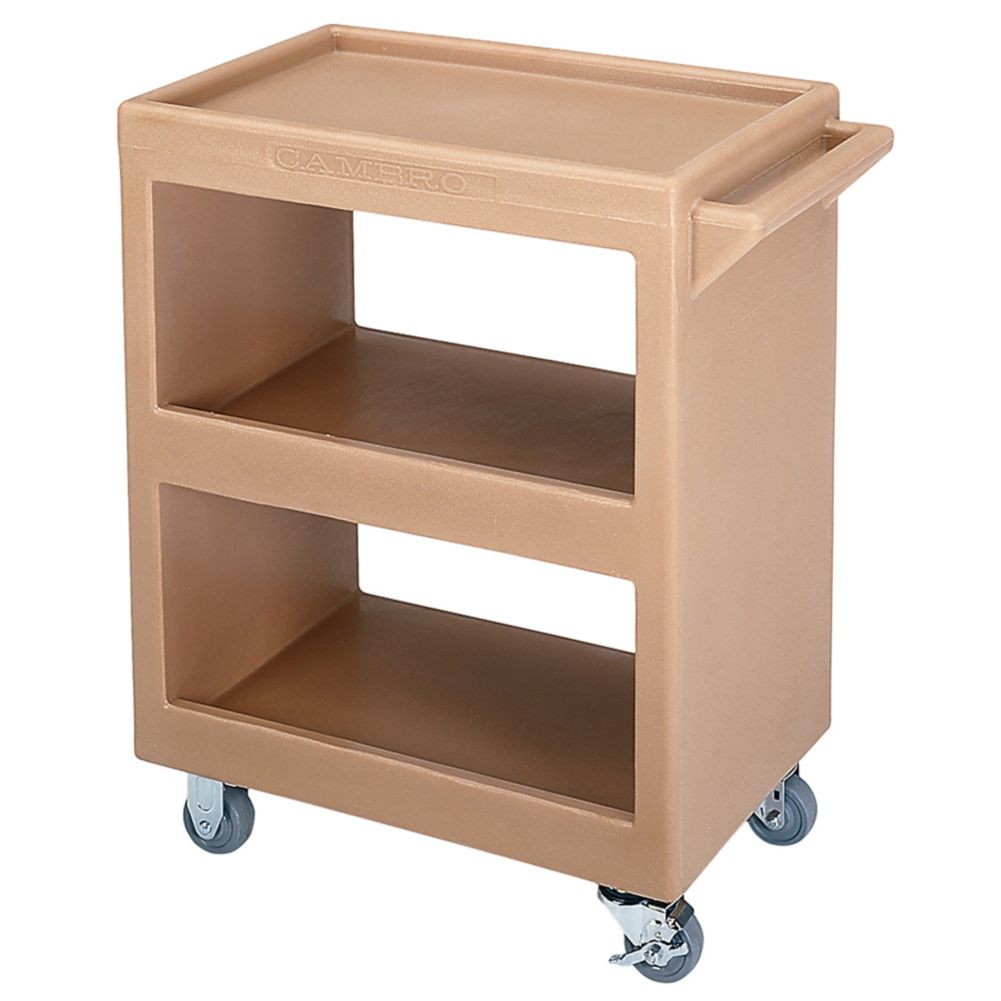 Cambro Open Service Cart w/ Three 15 x 22 Shelves, 4 Swivel, Cof Beige