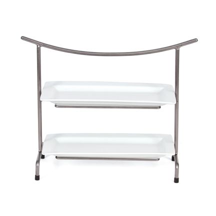 Rectangular Pewter 2-Tier Metal Stand w/ Porcelain Platters