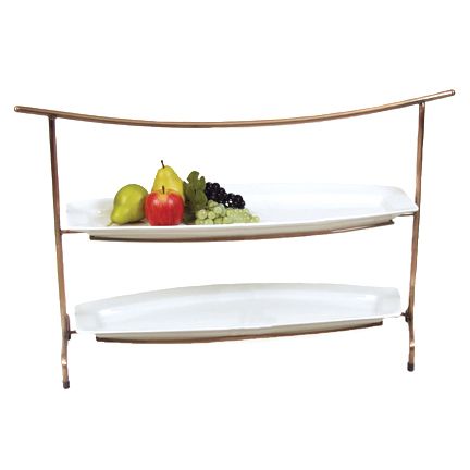 Rectangular Copper 2-Tier Metal Stand w/ Porcelain Platters