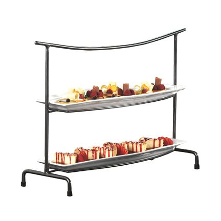 Rectangular Pewter 2-Tier Metal Stand w/ Porcelain Platters