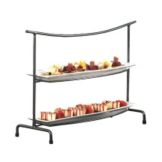 Rectangular Pewter 2-Tier Metal Stand w/ Porcelain Platters
