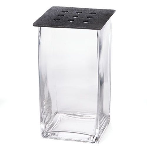 Square Glass Vase w/ Metal Top, 7" x 12" H