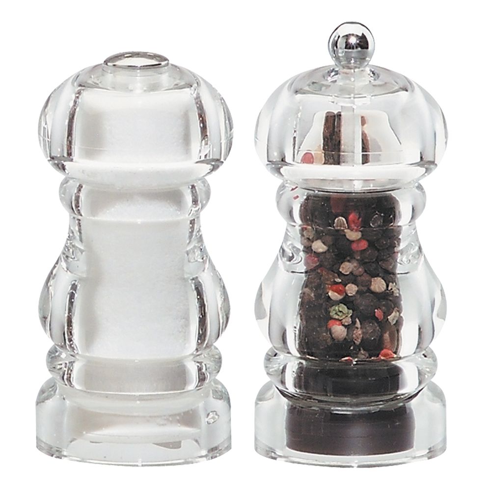 Chef Specialties Clear 5" Laurel Pepper Mill / Salt Shaker Set