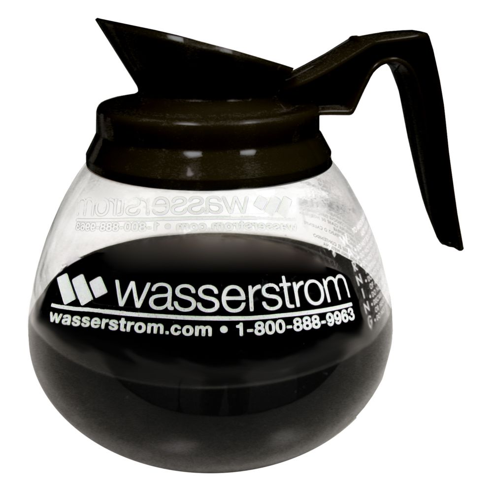 Bloomfield&reg; Black Handle Glass Reg. Decanter with Wasserstrom Logo
