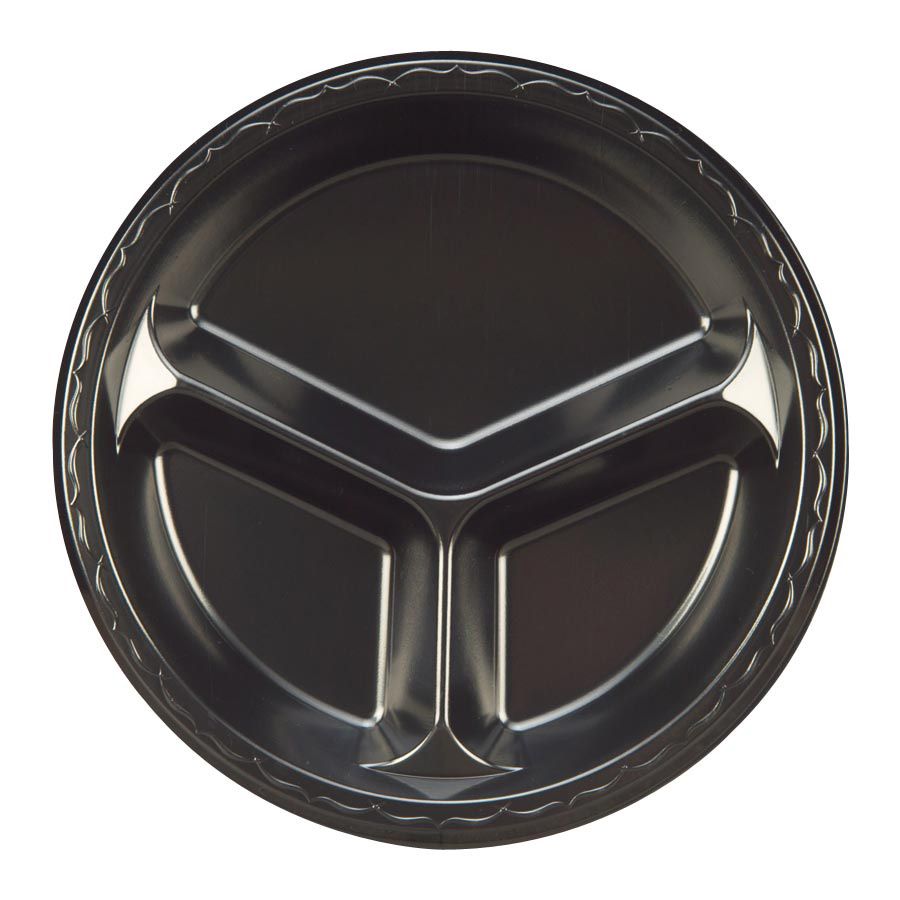 Genpak&reg; 10-1/4" Black Laminated Foam 3 Compartment Plate