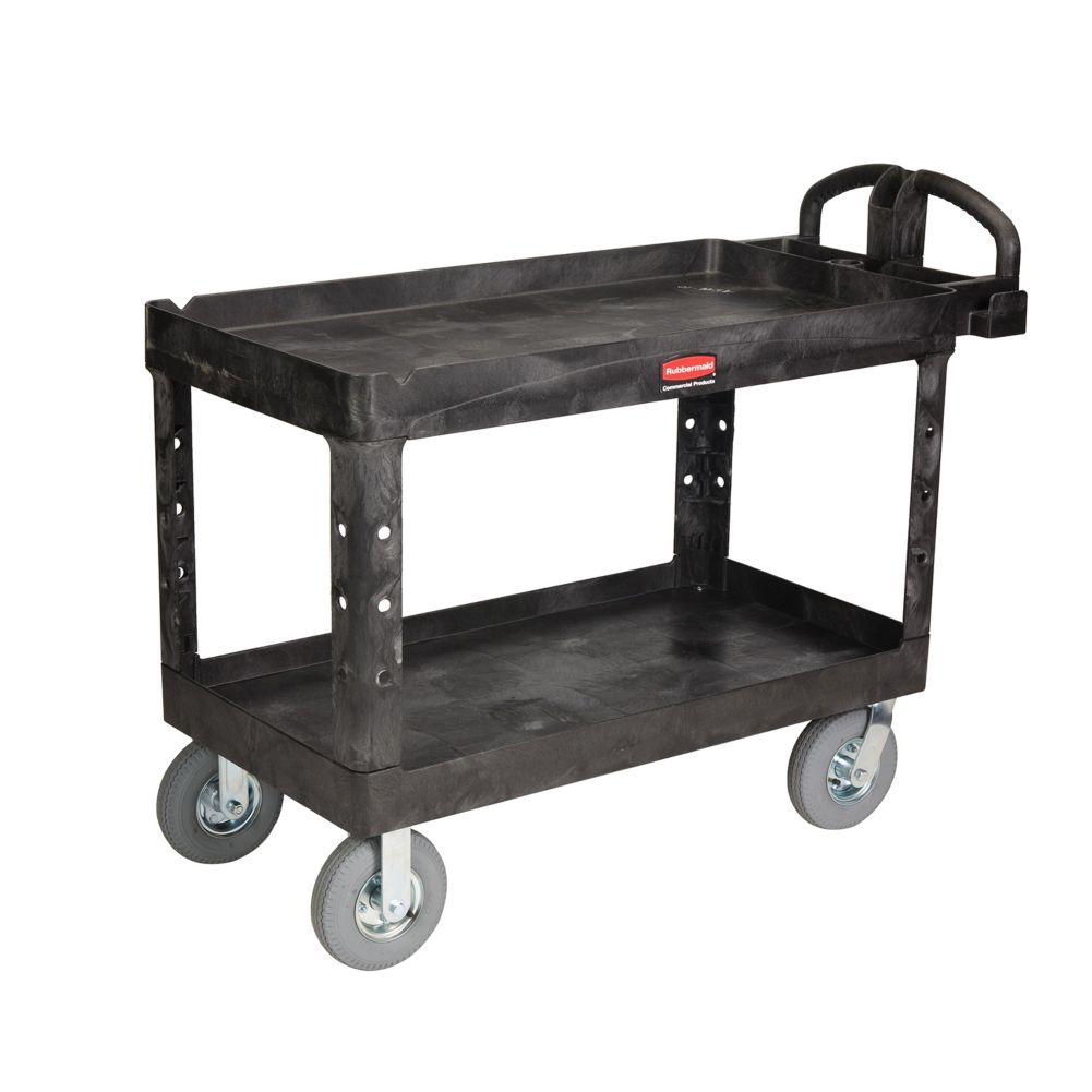 Rubbermaid Black 2-Shelf Utility Cart w/ Pneumatic Casters, 55 x 26