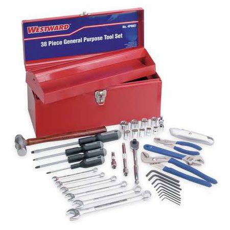 Westward 38 Piece Tool Set, General Purpose Tools in a Metal Tool Box