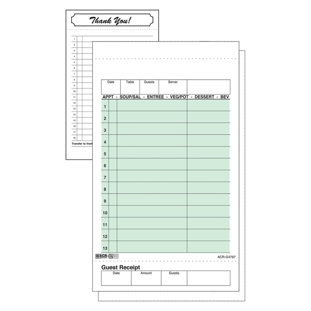 Green 2-Part Carbonless 13-Line Guest Check, 2000/Case