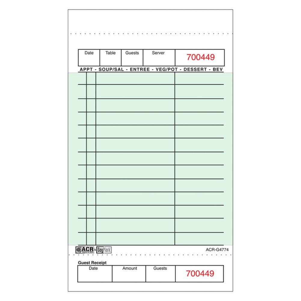 Green 1-Part Board 14-Line Guest Check