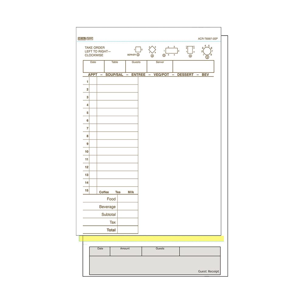 Tan 3-Part Carbonless Wide 15-Line Guest Check w/o Holes