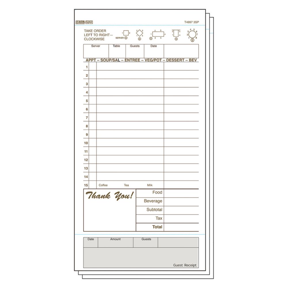 Tan 3-Part Carbonless 15-Line Guest Check