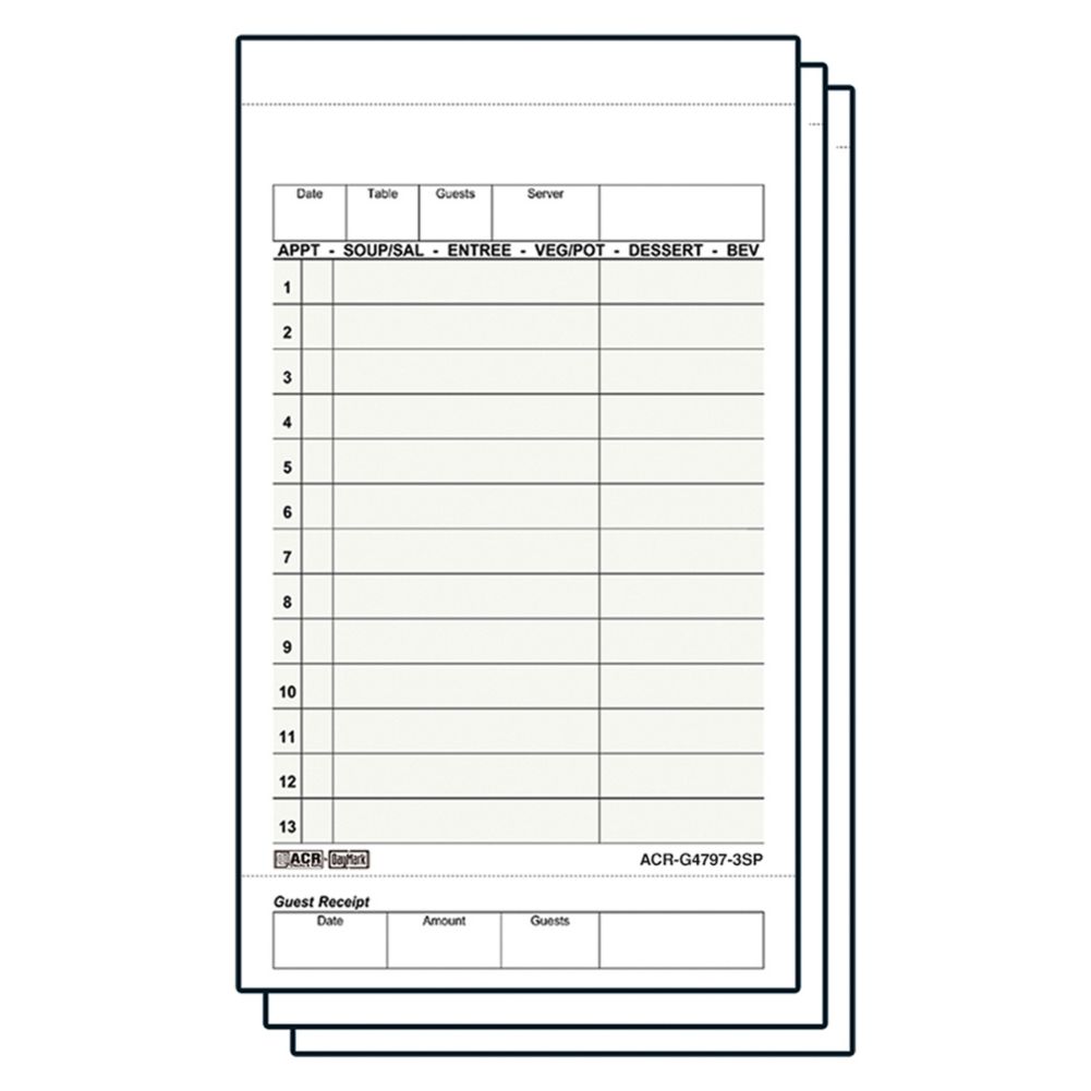 Green 3-Part Carbonless 13-Line Guest Check