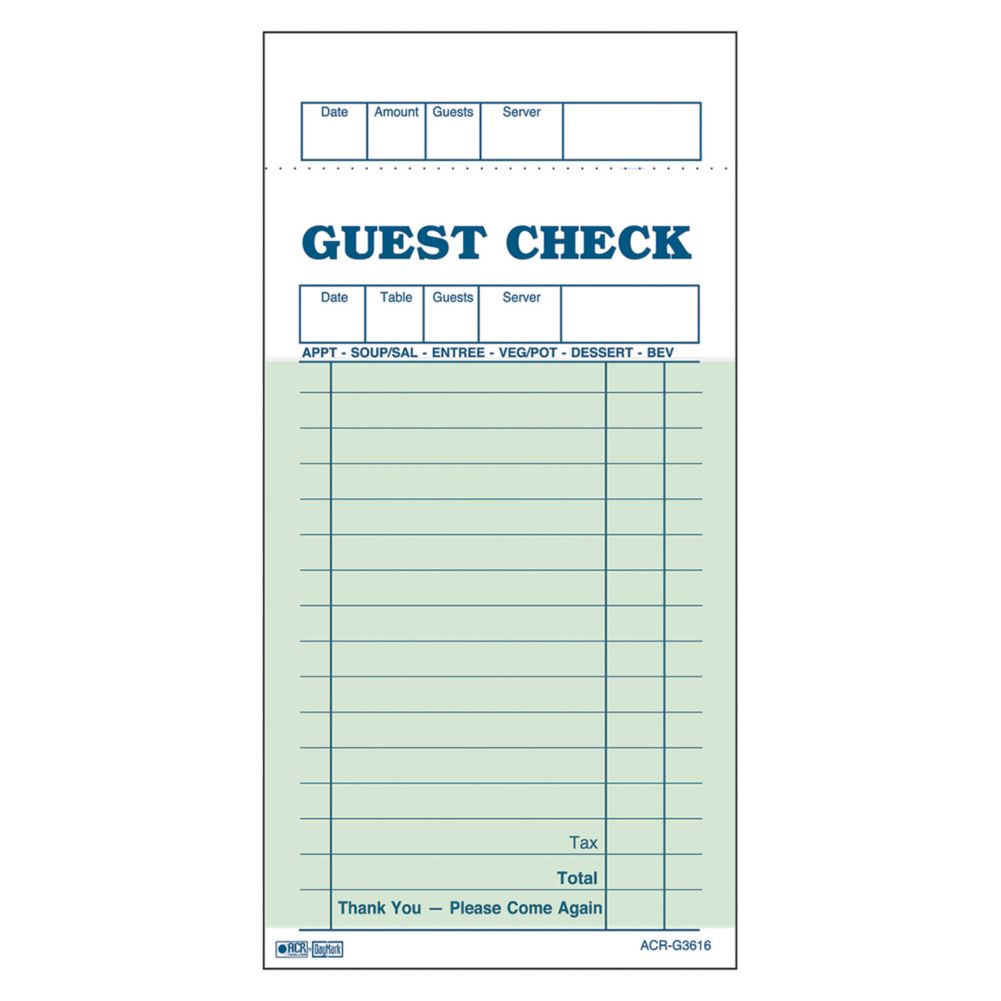 Green 1-Part Paper 16-Line Guest Check