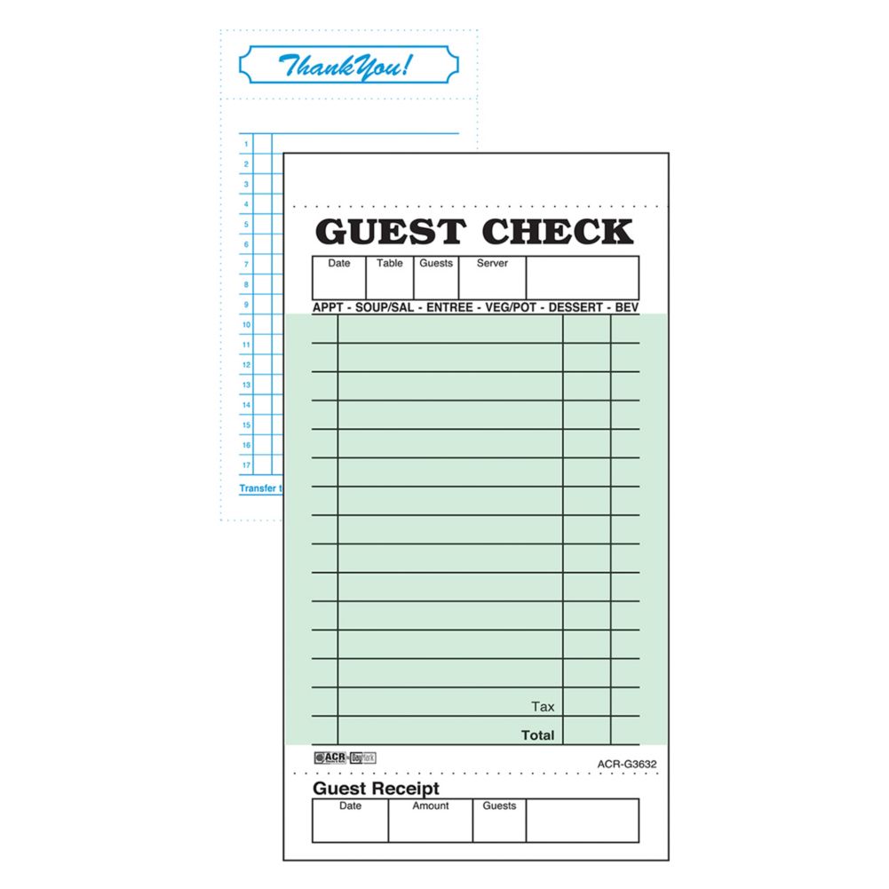 Green 1-Part Board 15-Line Guest Check