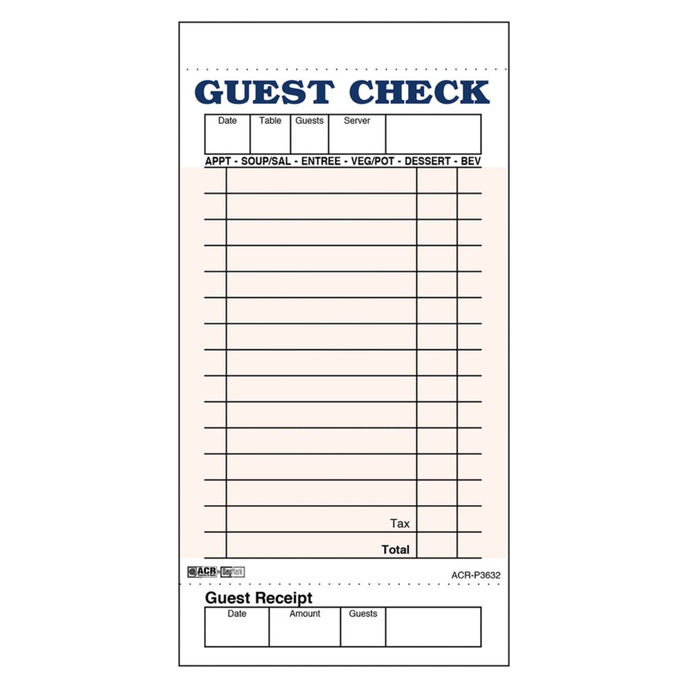 Pink 1-Part Board 15-Line Guest Check
