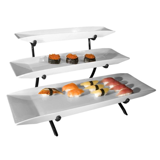 Gourmet Display&reg; Black 3-Tier Long Porcelain Platter Display