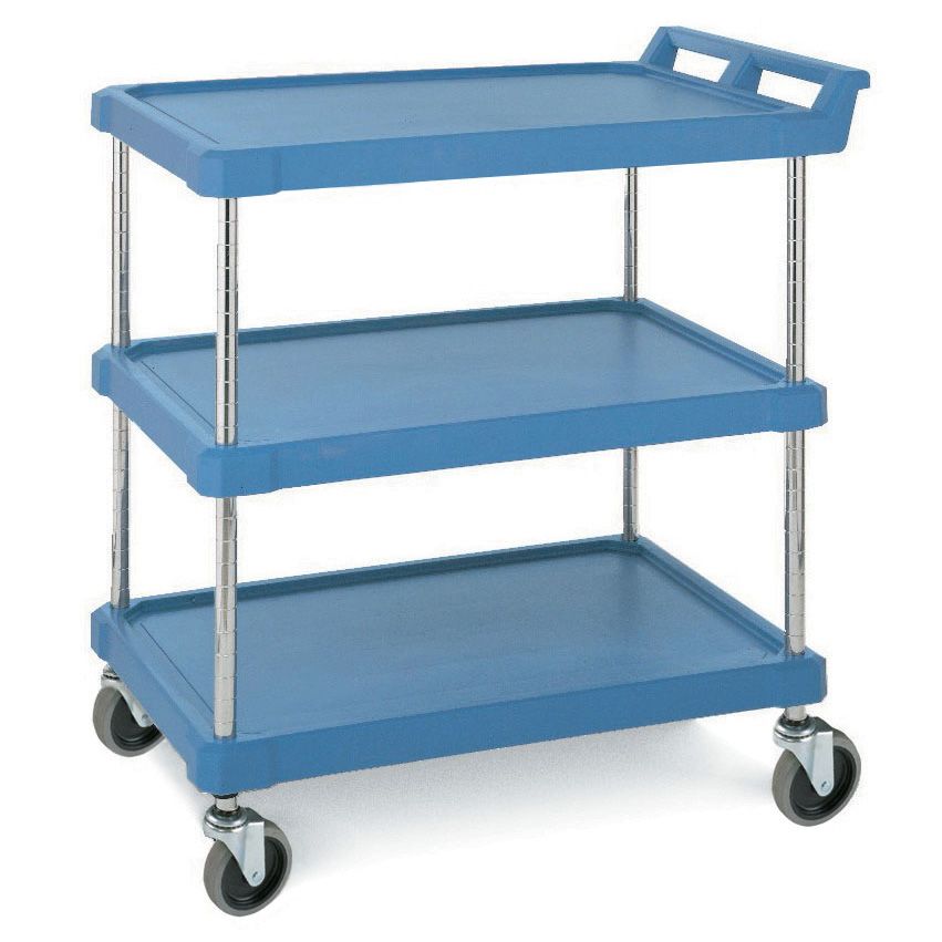 Metro&reg; BC Series Blue 3-Shelf Polymer Bussing Cart