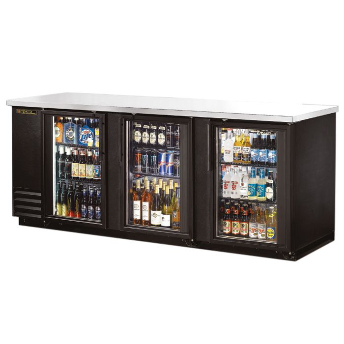 True&reg; Black 3-Glass Swing Door Back Bar Cooler for 209 6-Packs
