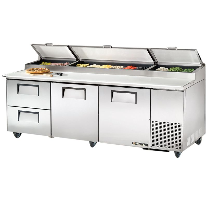 True&reg; S/S 2-Door 2-Drawer Pizza Prep Table w/ White Alum. Interior