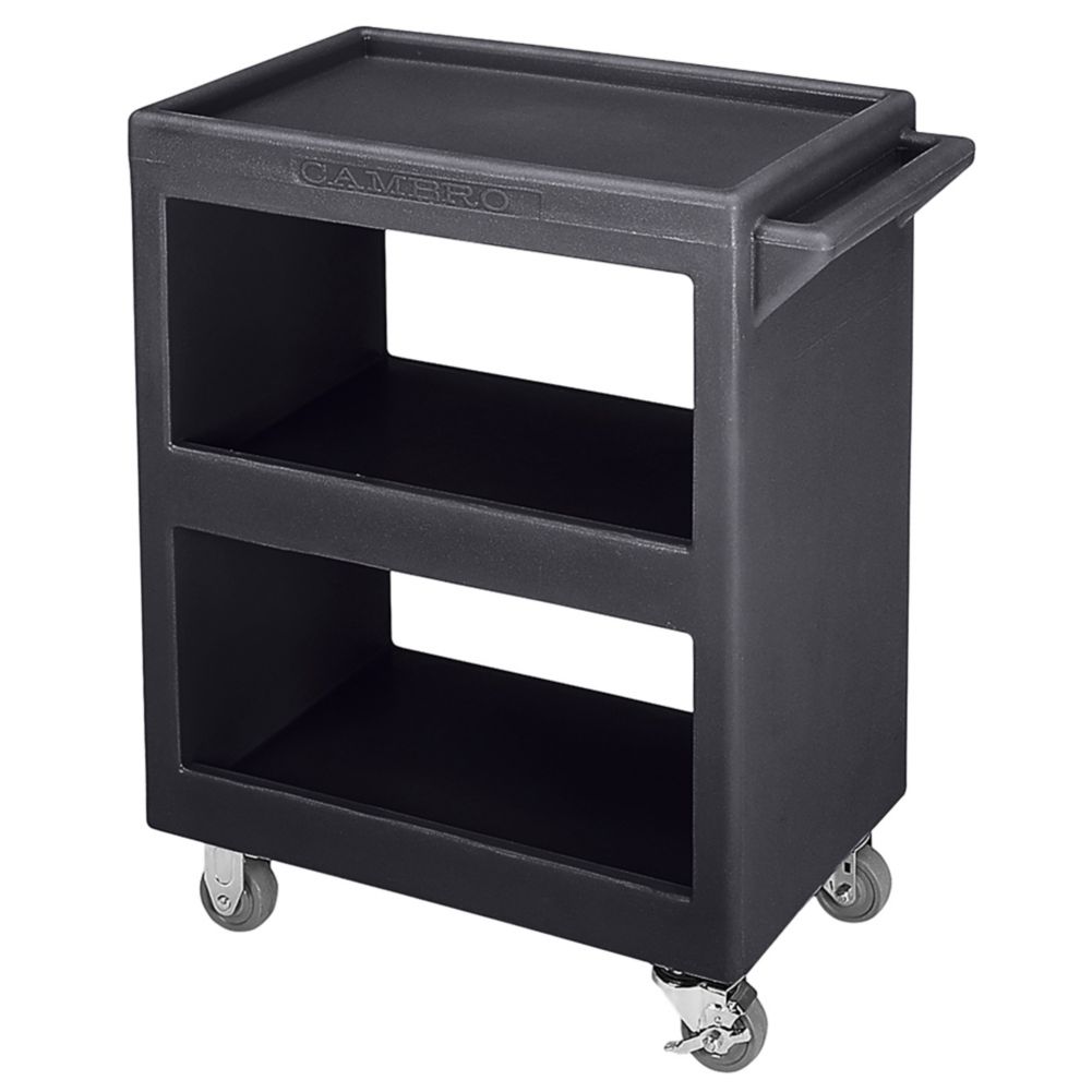Cambro Open Service Cart w/ Three 15 x 22 Shelves, 4 Swivel, Black
