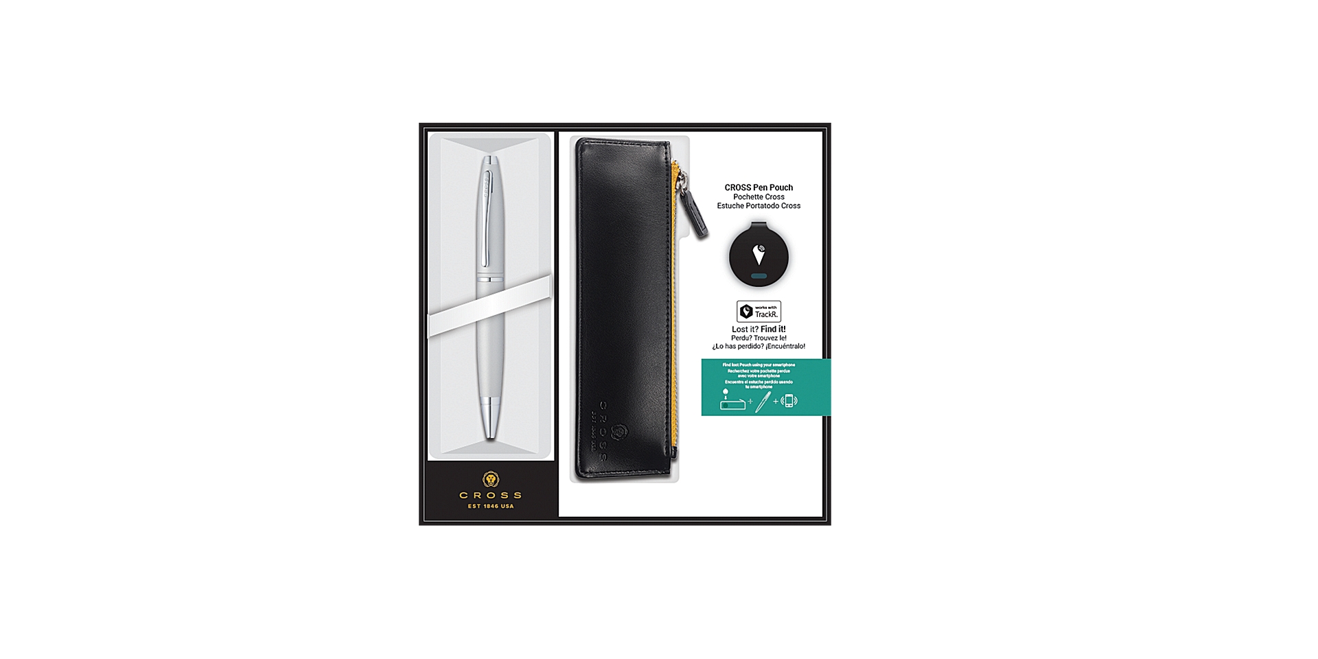 Satin Chrome Ballpoint with Pen Pouch and TrackR bravo Gift Set