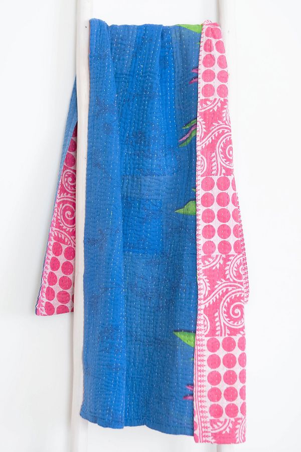 Slide View: 2: Roan Iris One-of-a-kind Kantha Quilted Throw Blanket No. 06959