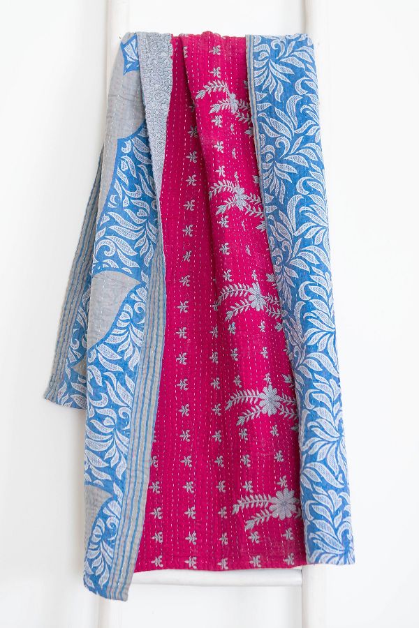 Slide View: 2: Roan Iris One-of-a-kind Kantha Quilted Throw Blanket No. 06960