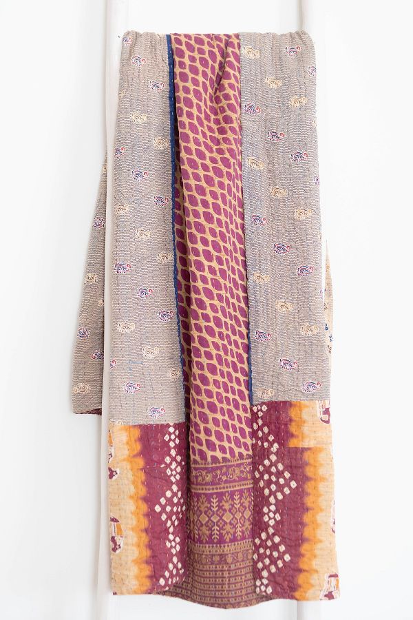 Slide View: 2: Roan Iris One-of-a-kind Kantha Quilted Throw Blanket No. 06950