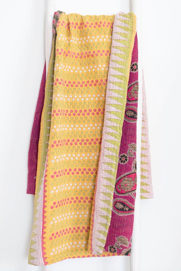 Slide View: 2: Roan Iris One-of-a-kind Kantha Quilted Throw Blanket No. 06957