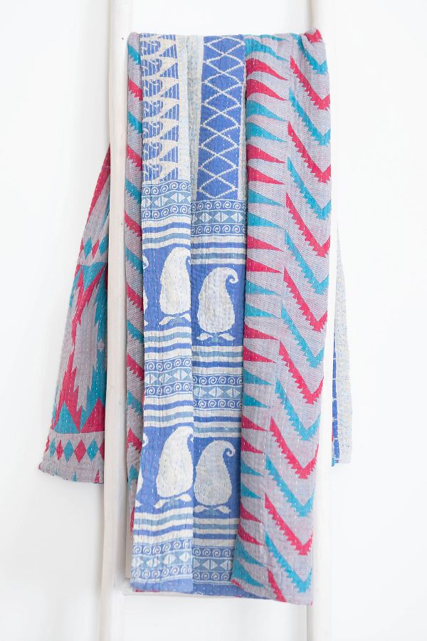 Slide View: 2: Roan Iris One-of-a-kind Kantha Quilted Throw Blanket No. 06964