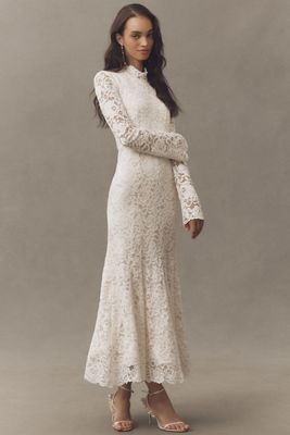 BHLDN Long-Sleeve Mock-Neck Stretch Lace Maxi Dress