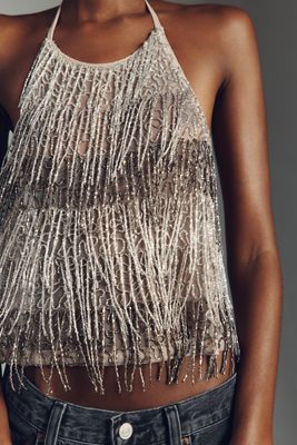 By Anthropologie Fringe Beaded Halter Cami