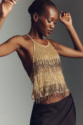 By Anthropologie Fringe Beaded Halter Cami