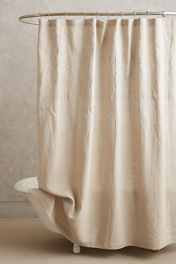 Embroidered Linen Shower Curtain, Linen Shower Curtain