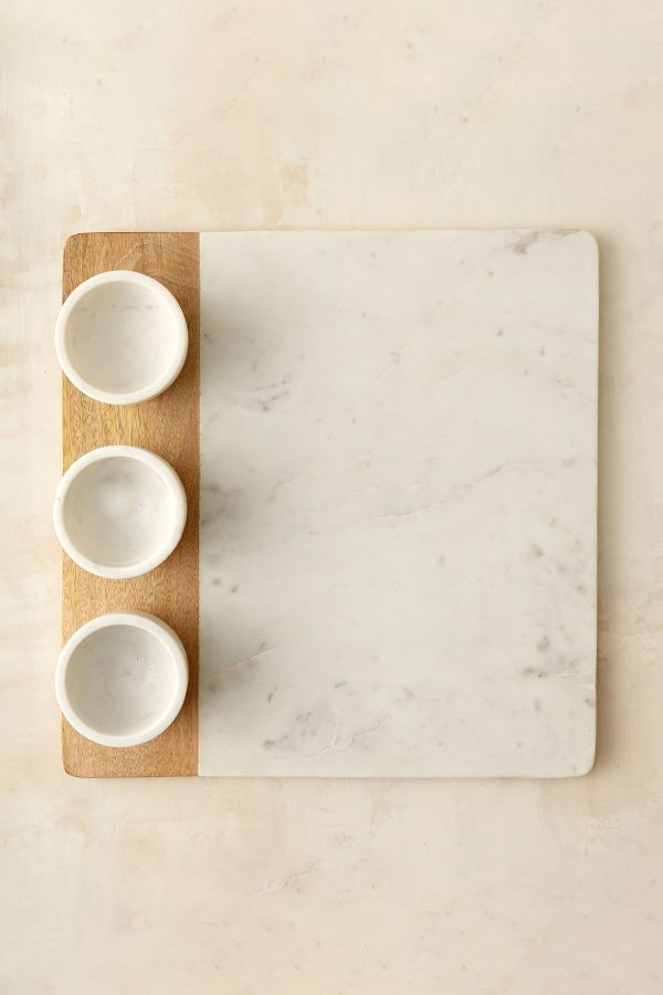 Slide View: 1: Marble + Wood Dip Trio Tray