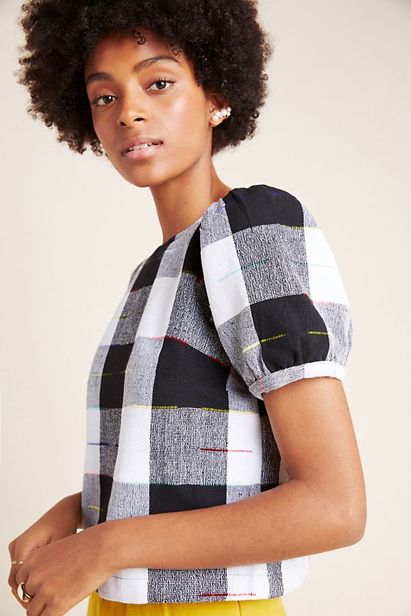 Slide View: 1: Gingham Puff-Sleeved Blouse