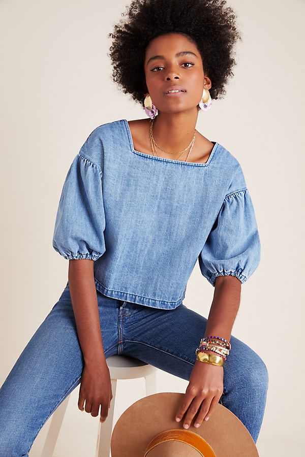 Slide View: 1: Rae Denim Button-Back Blouse