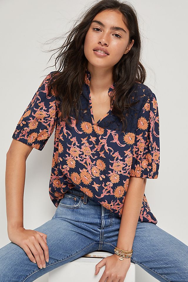 Trudy Lace Chambray Blouse | Anthropologie