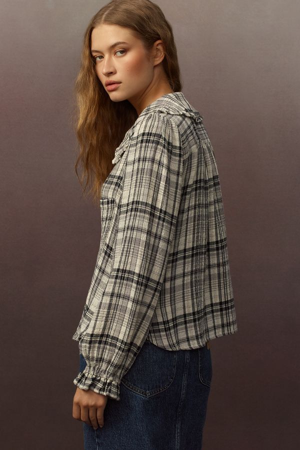 Slide View: 2: The Keira Collared Button-Front Blouse by Pilcro: Long-Sleeve Plaid Edition