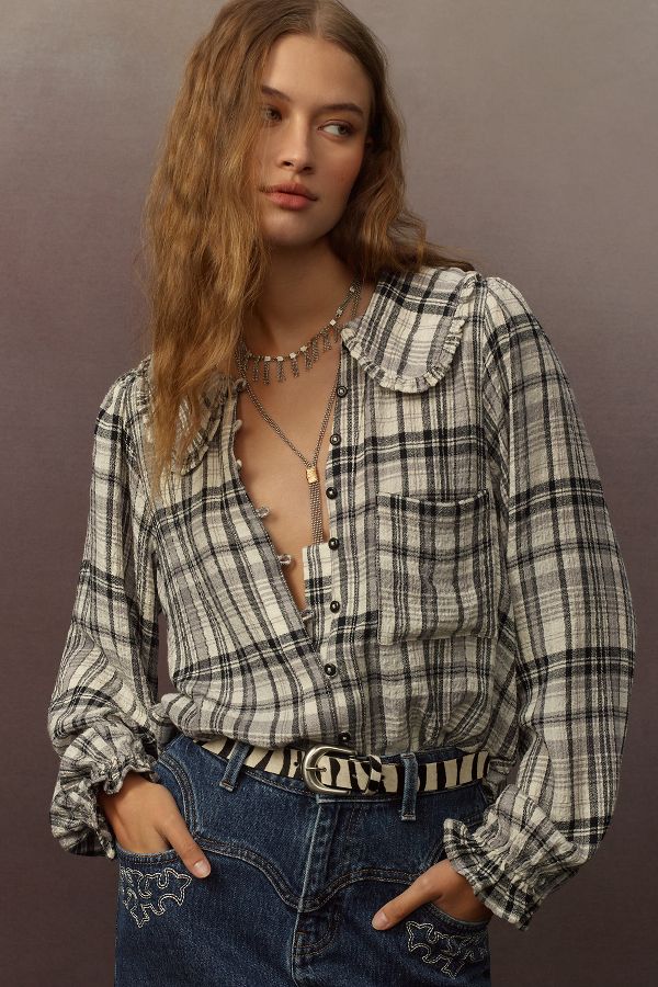 Slide View: 1: The Keira Collared Button-Front Blouse by Pilcro: Long-Sleeve Plaid Edition